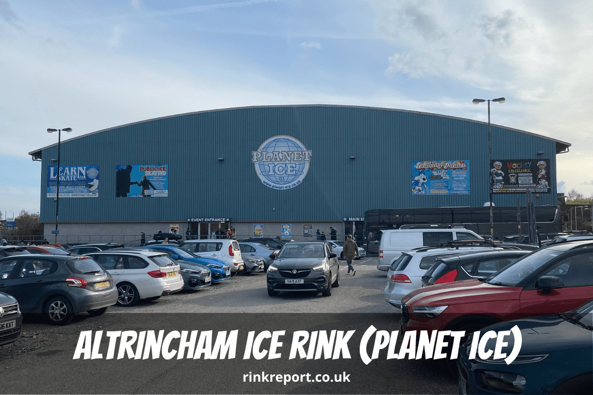 Outside view of altrincham ice rink also known as planet ice altrincham entrance and the car park ice hockey fans are entering the arena to attend a match